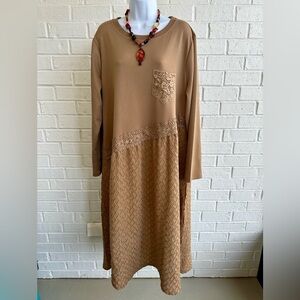 Modlily L. Sleeve Dark Camel Round Neck Midi Dress, Lace Detail, Tummy Coverage